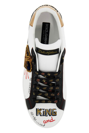 DOLCE & GABBANA Portofino Leather Sneaker with Embroidered Crown