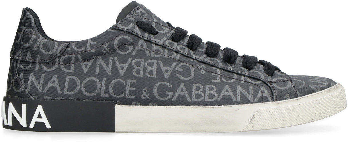 DOLCE & GABBANA Men's Black Portofino Leather and Fabric Low-Top Sneakers