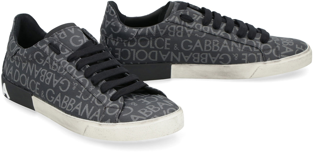 DOLCE & GABBANA Men's Black Portofino Leather and Fabric Low-Top Sneakers