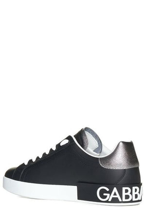 DOLCE & GABBANA Men's Black Calfskin Sneakers with Silver-Tone Details and White Rubber Sole