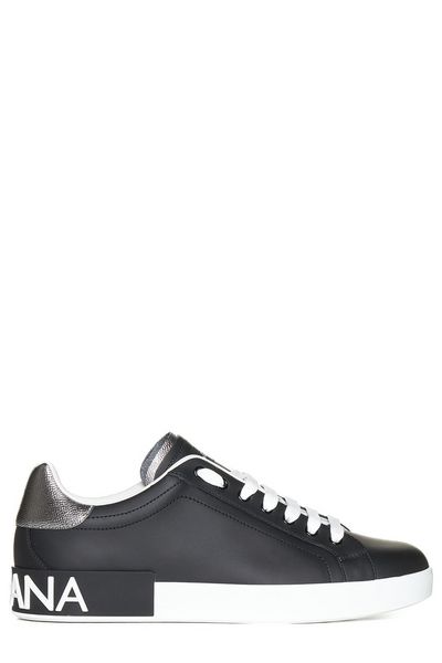 DOLCE & GABBANA Men's Black Calfskin Sneakers with Silver-Tone Details and White Rubber Sole