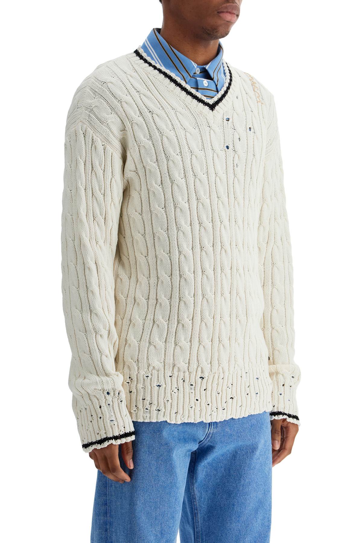 MARNI Cable Knit V-Neck Cotton Sweater