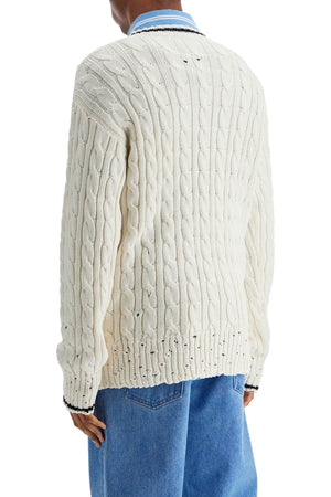 MARNI Cable Knit V-Neck Cotton Sweater