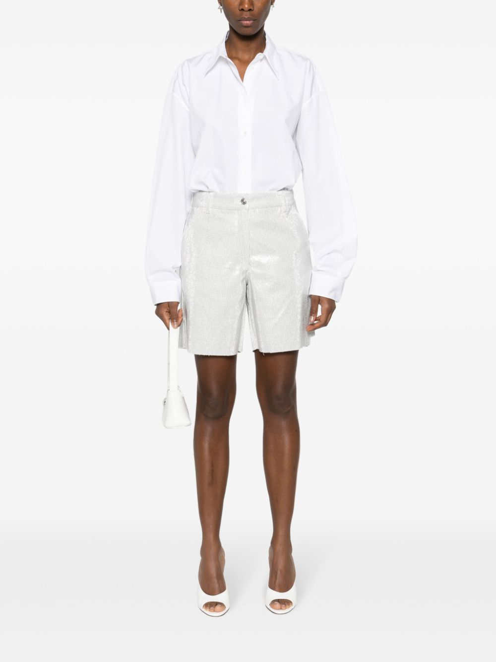 ERMANNO SCERVINO White Crystal Embellished High-Waisted Cotton Shorts
