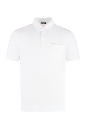 ZEGNA Men's Short Sleeve White Cotton Pique Polo Shirt with Hemline Side Slits