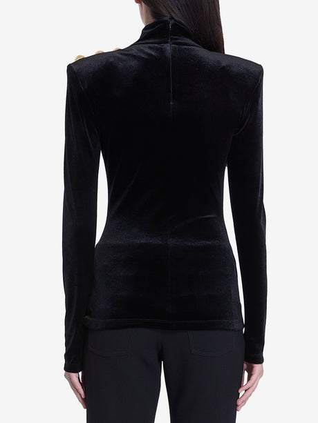 BALMAIN High-Neck Velvet Top with Structured Shoulders