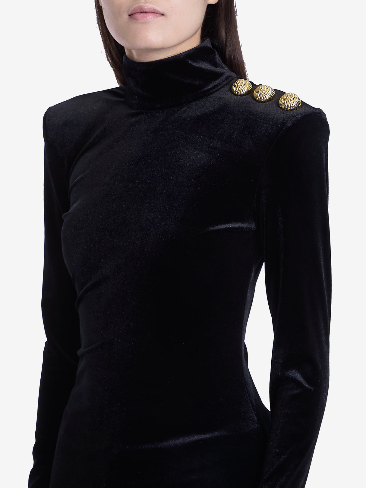 BALMAIN High-Neck Velvet Top with Structured Shoulders