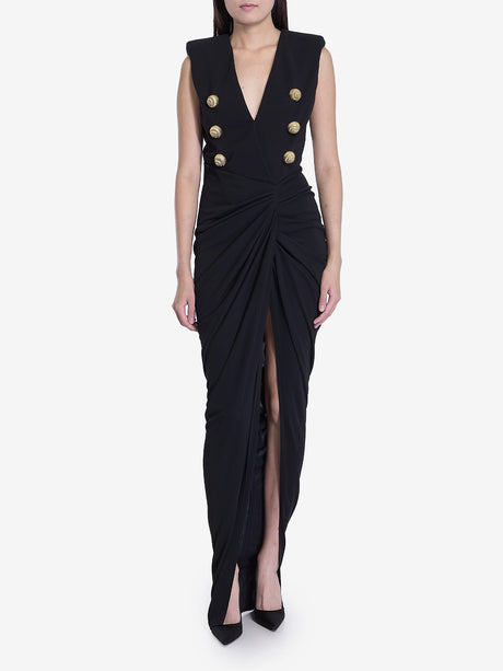 BALMAIN Structured Long Dress with V-Neckline and Elegant Draped Skirt