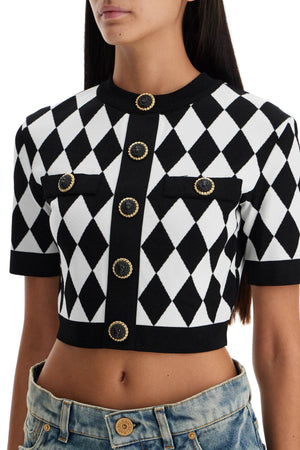 BALMAIN JACQUARD DIAMOND PATTERN KNIT CROP TOP