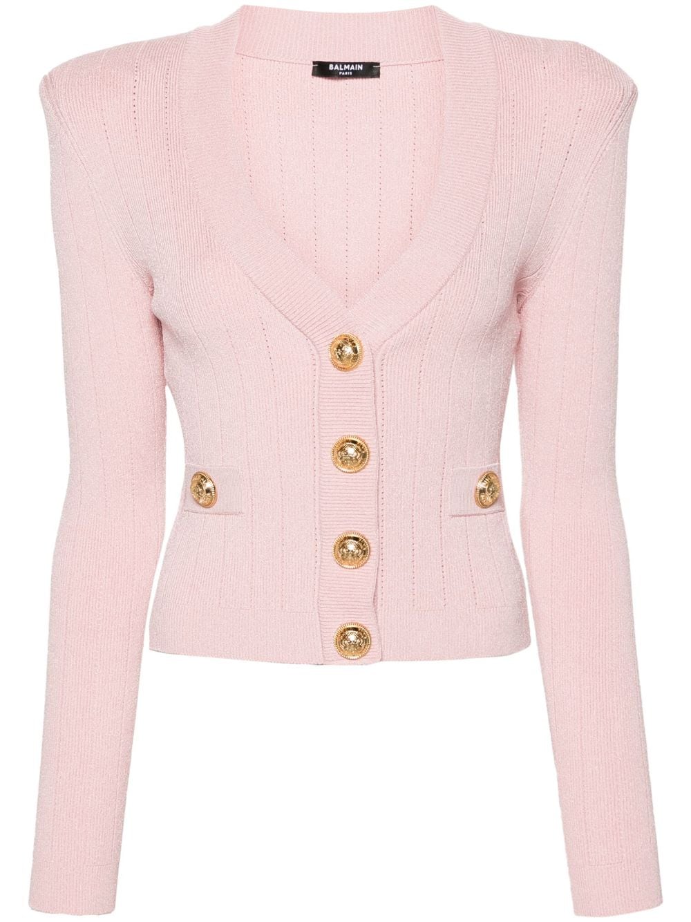 BALMAIN Elegant Pink Cropped Cardigan with Golden Buttons