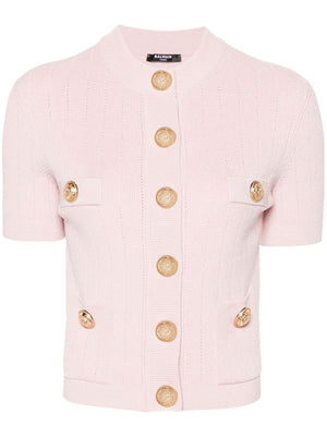 BALMAIN Chic Pink Cropped Cardigan with Golden Accents