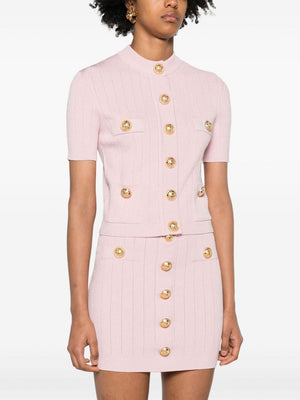 BALMAIN Chic Pink Cropped Cardigan with Golden Accents