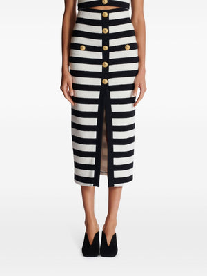 BALMAIN Chic Striped Button-Embellished Midi Skirt