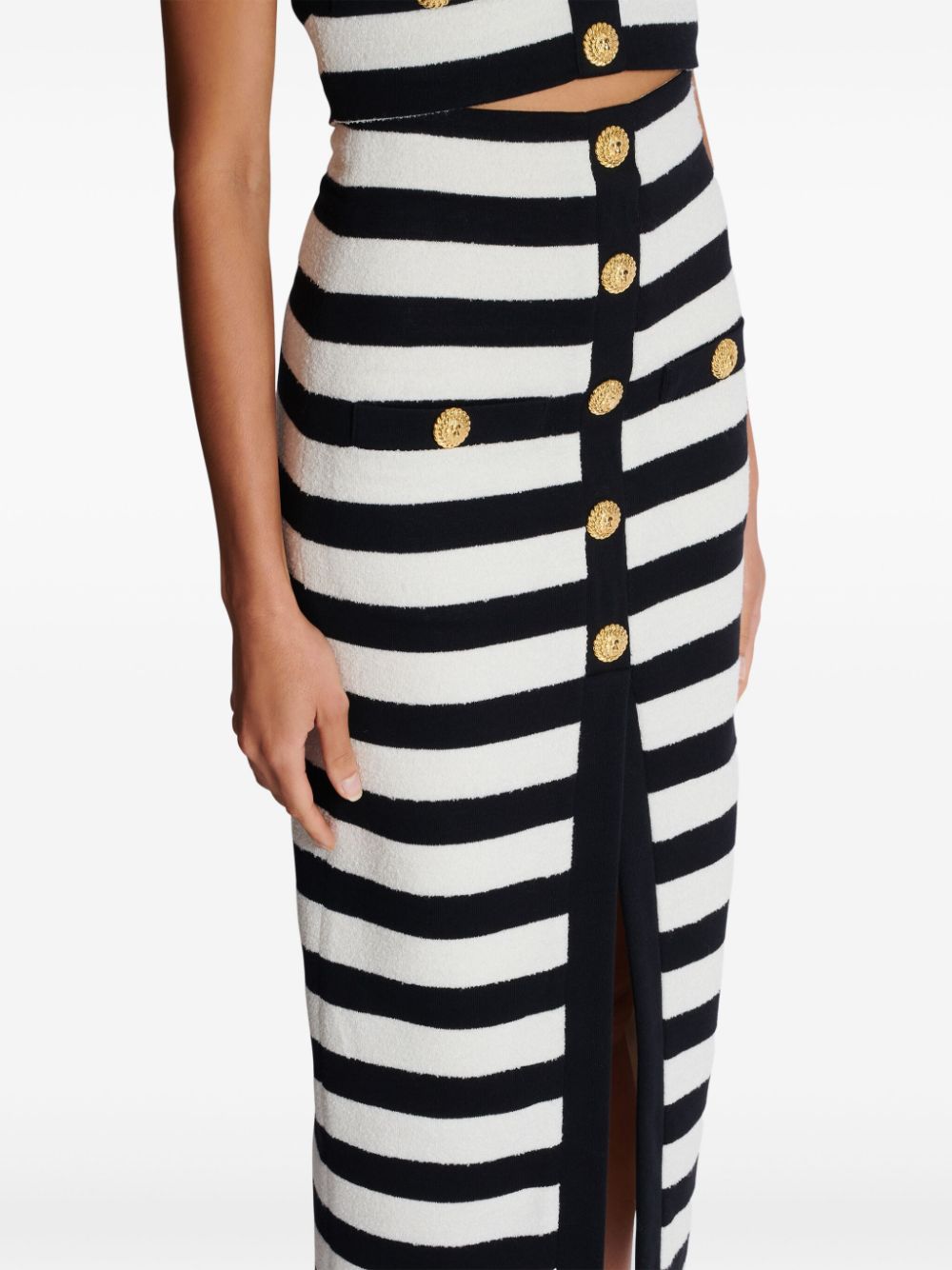 BALMAIN Chic Striped Button-Embellished Midi Skirt