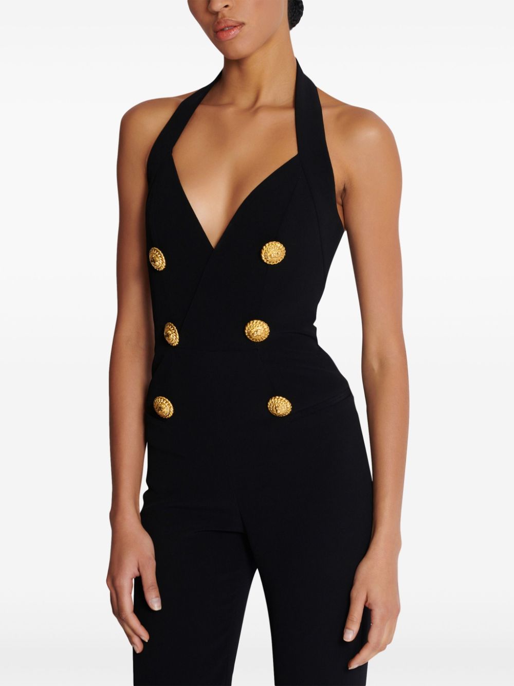 BALMAIN Elegant Halterneck Crepe Jumpsuit with Lion Motif