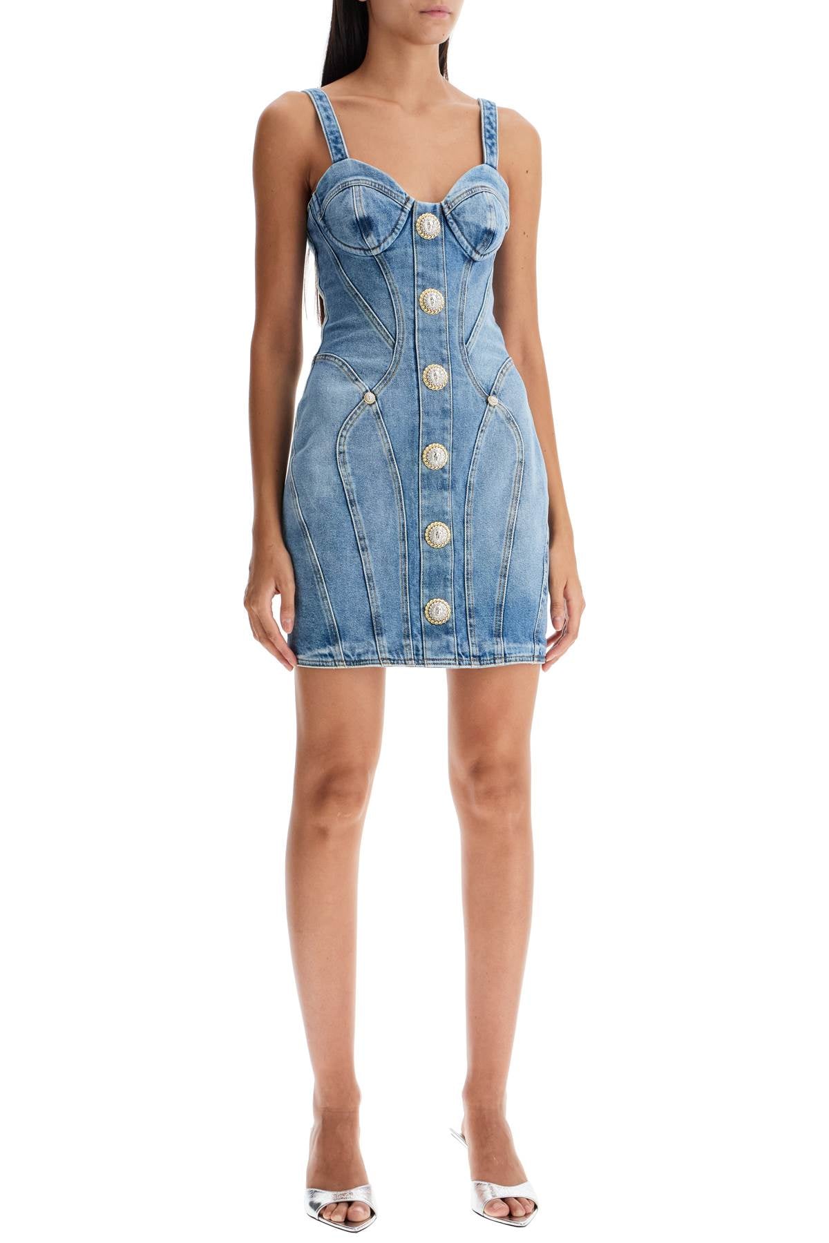 BALMAIN Mini Denim Sheath Dress with Decorative Buttons