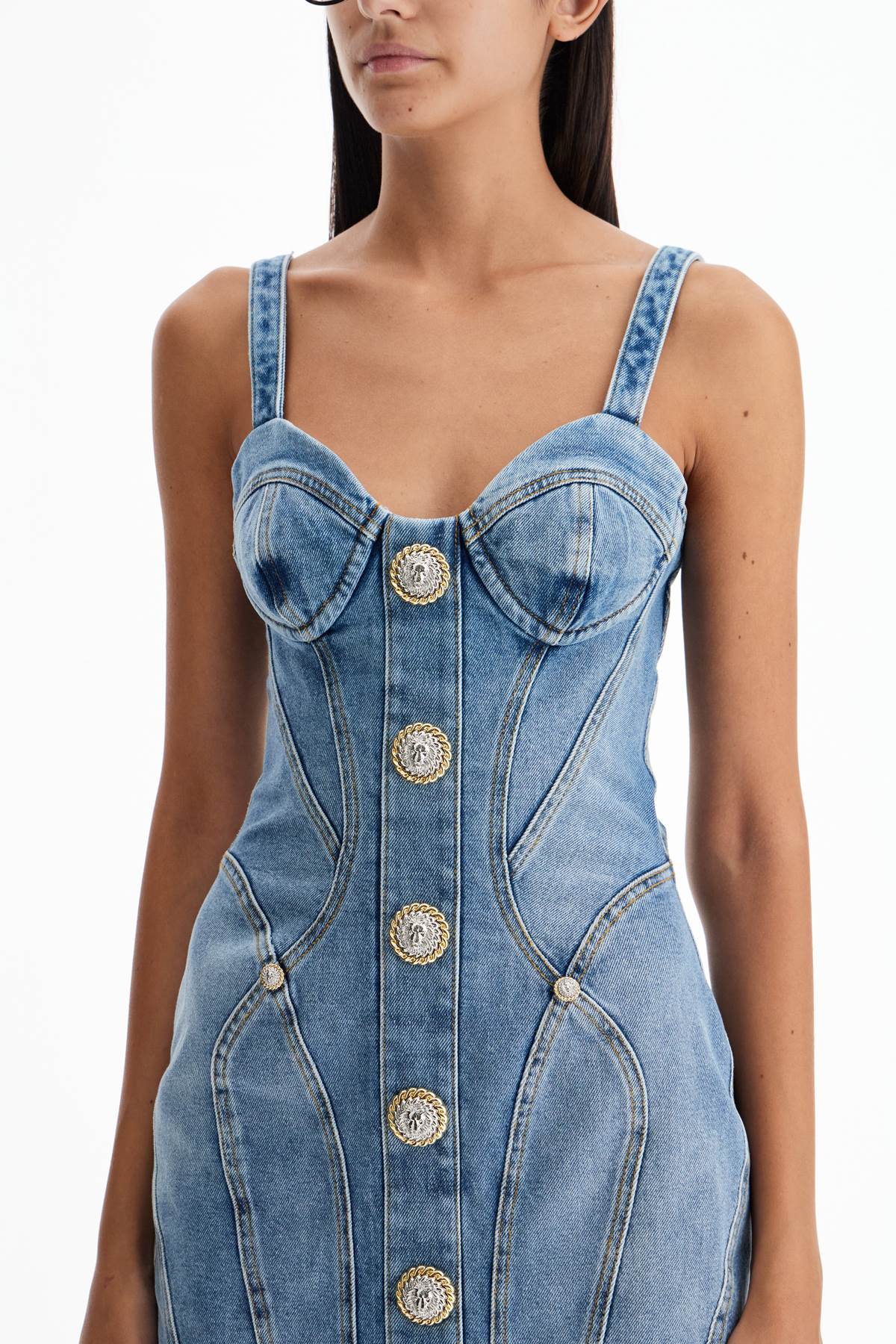 BALMAIN Mini Denim Sheath Dress with Decorative Buttons