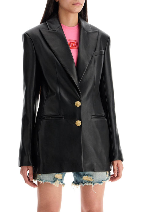 BALMAIN Chic Leather Blazer with Gold Metal Accents