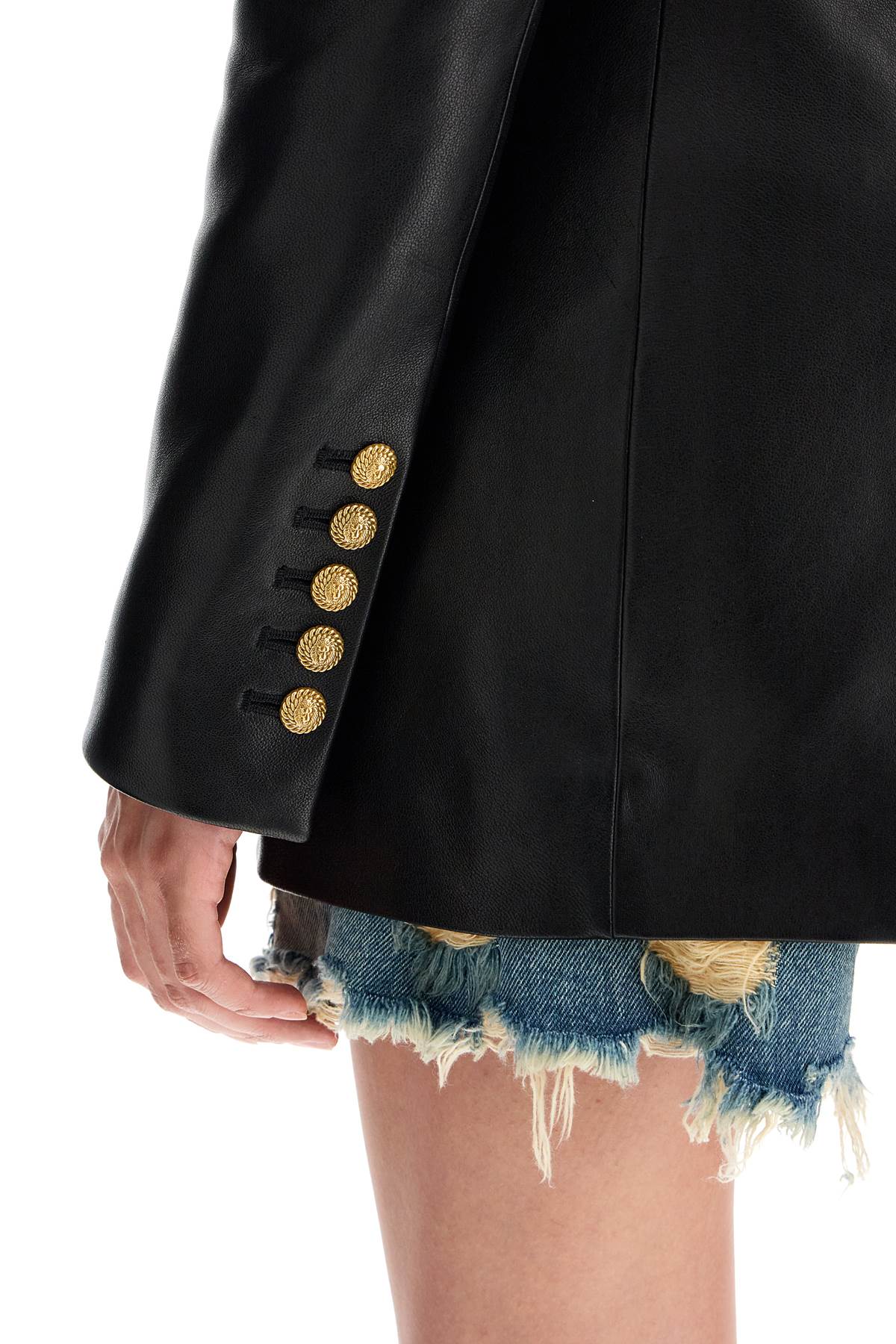 BALMAIN Chic Leather Blazer with Gold Metal Accents