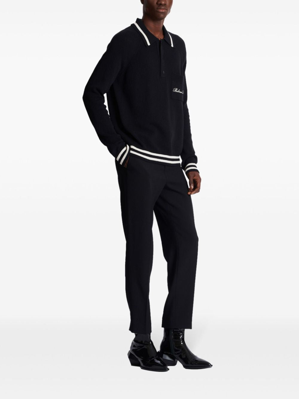 BALMAIN Long Sleeve Signature Wool Polo for Men