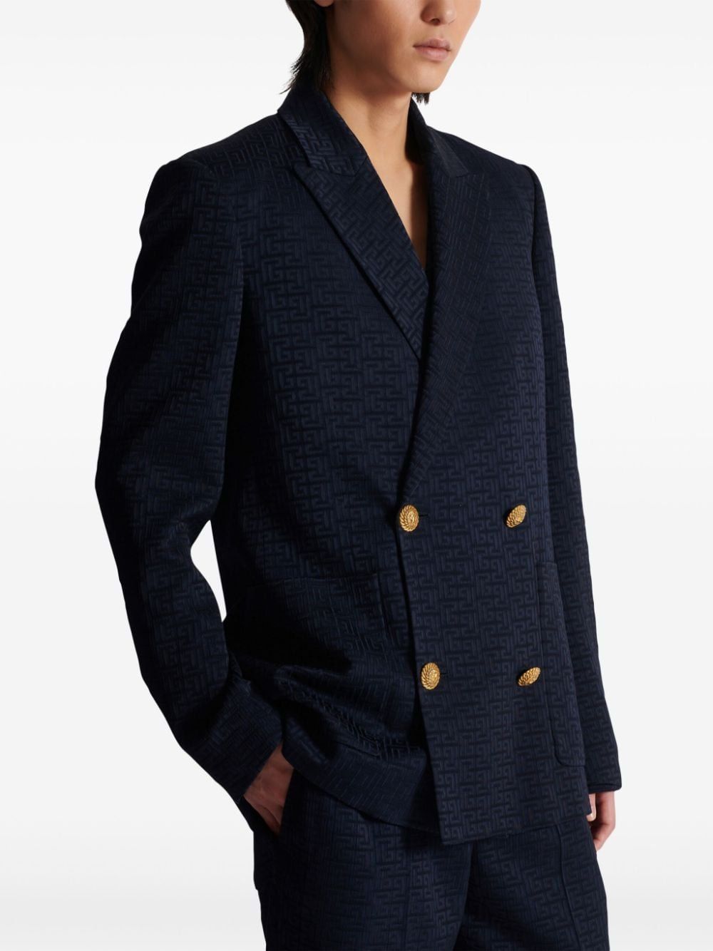 BALMAIN Elegant Navy Monogram Satin Blazer