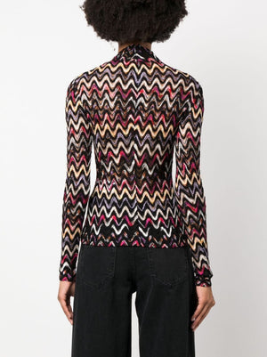 MISSONI Women's Black and Multicolour Zigzag Knit High-Neck Top for FW23