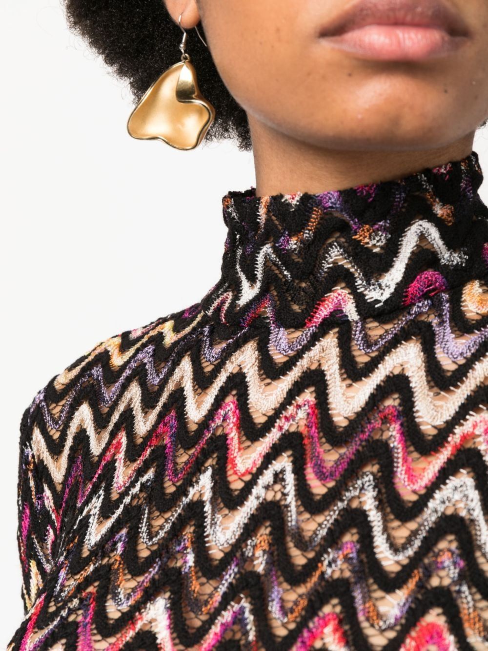 MISSONI Women's Black and Multicolour Zigzag Knit High-Neck Top for FW23