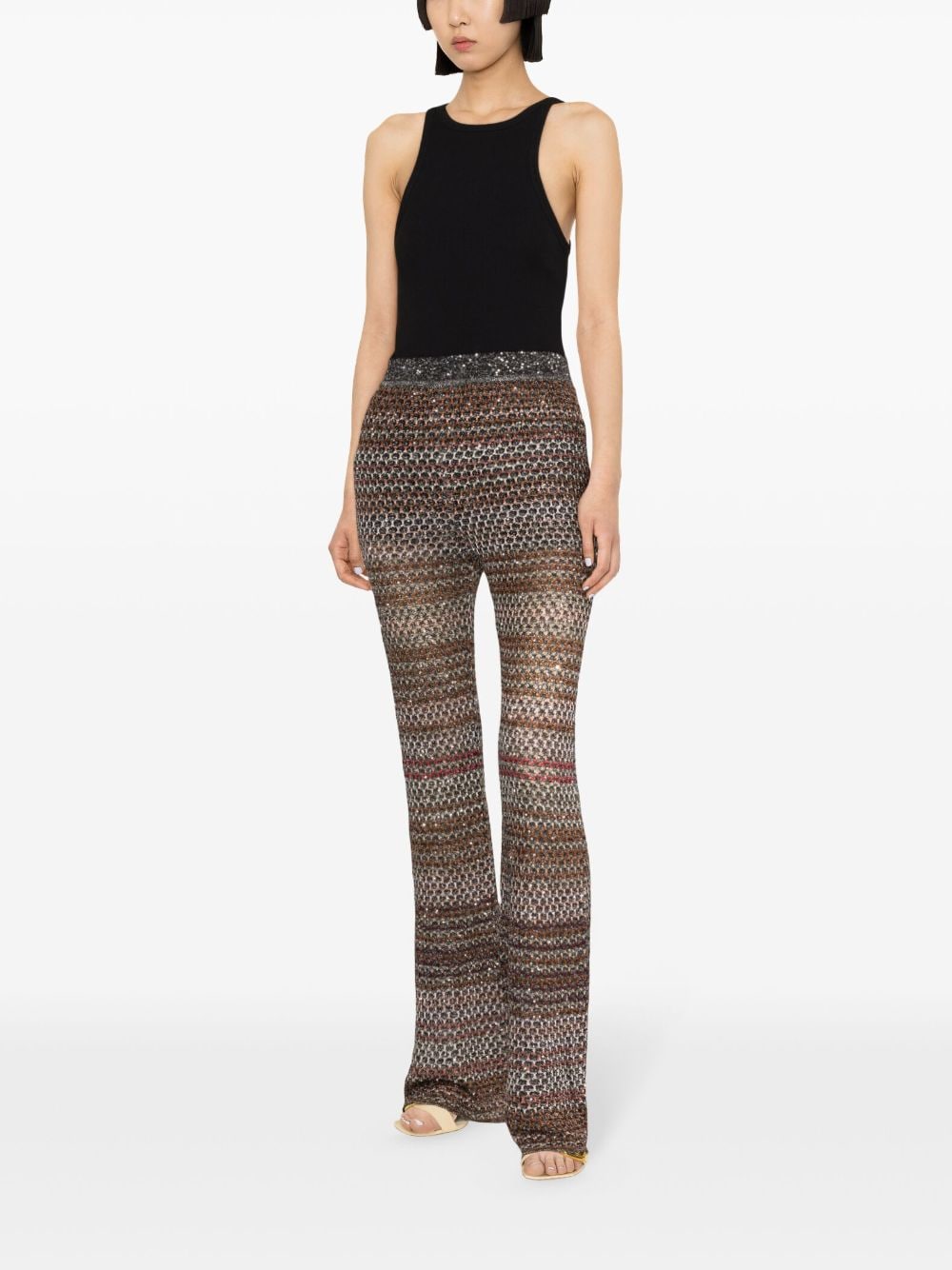 MISSONI High-Waisted Flared Trousers: Black & Multicolor Metallic Honeycomb Knit & Sequin Embellished for Women