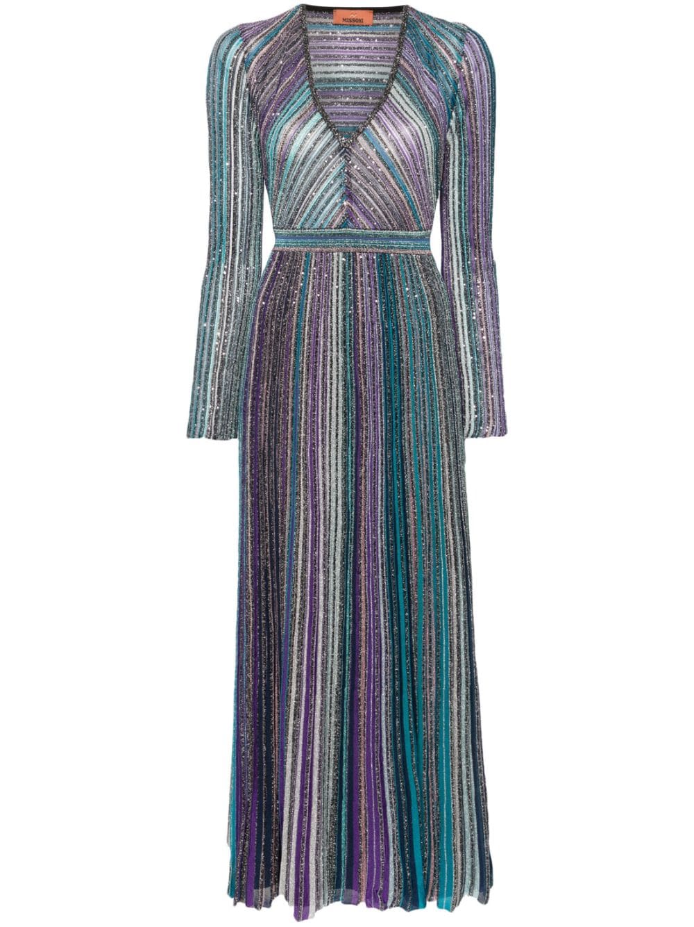 MISSONI Teal Blue Striped Sequin V-Neck Dress