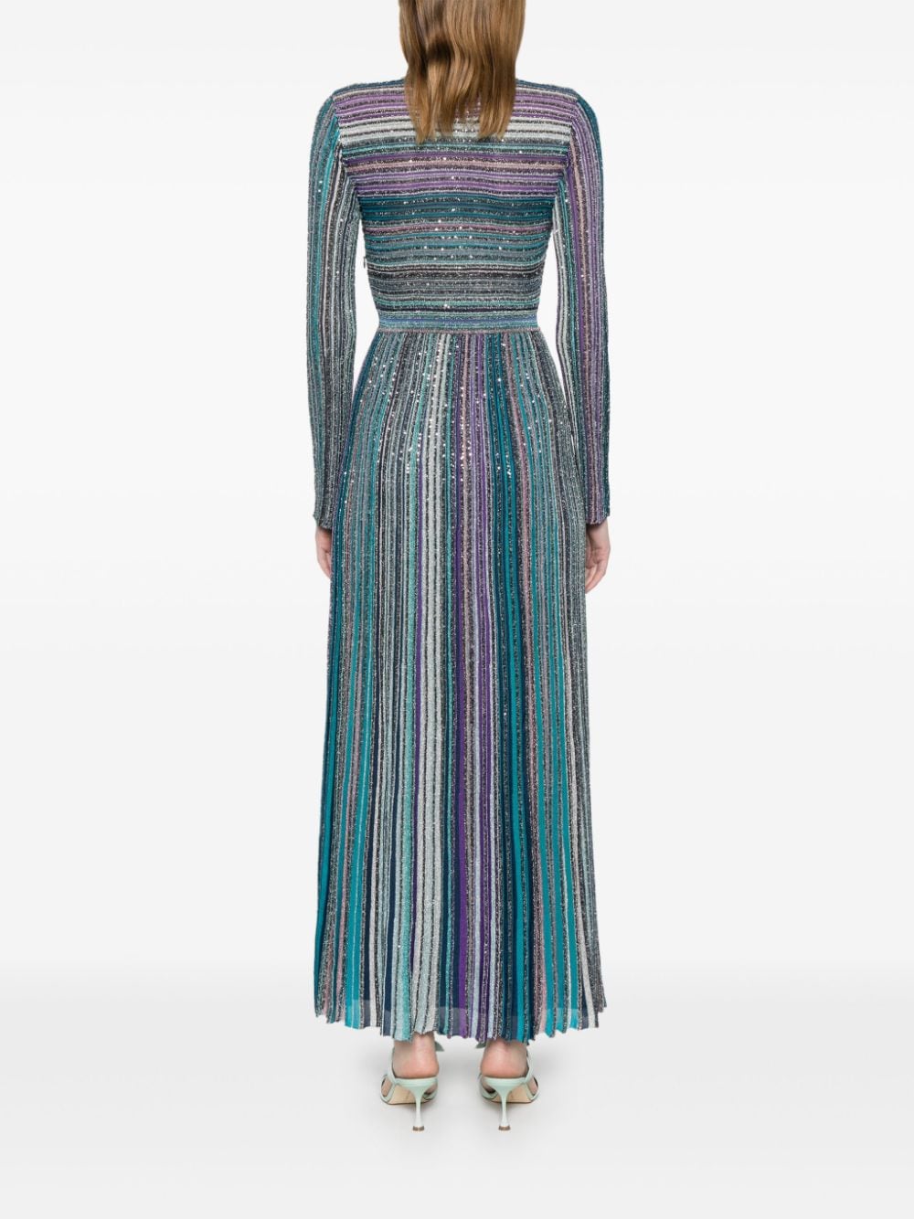 MISSONI Teal Blue Striped Sequin V-Neck Dress