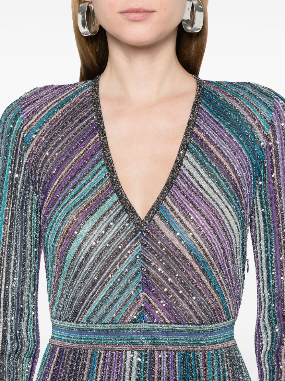 MISSONI Teal Blue Striped Sequin V-Neck Dress