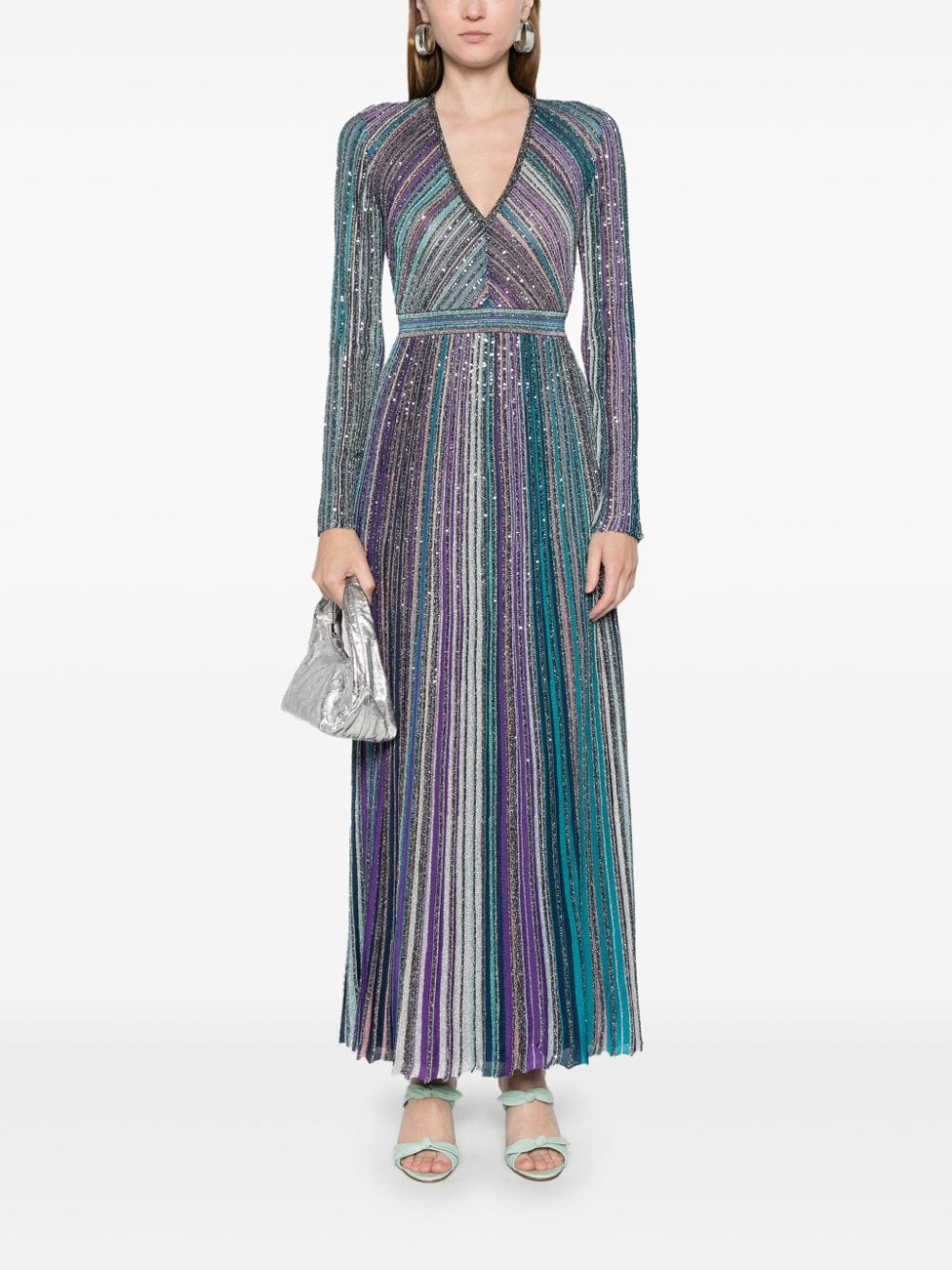 MISSONI Teal Blue Striped Sequin V-Neck Dress