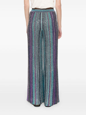 MISSONI Teal Blue Striped Sequin Wide-Leg Trousers