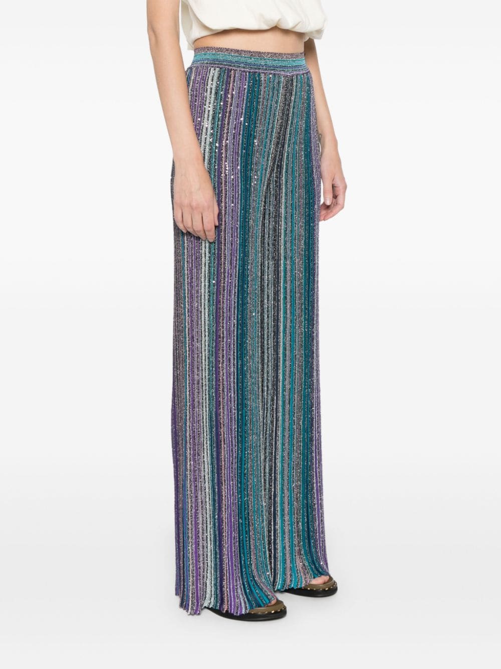 MISSONI Teal Blue Striped Sequin Wide-Leg Trousers