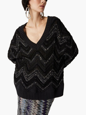 MISSONI Plunging V-Neck Knit Sweater with Sequin Detail