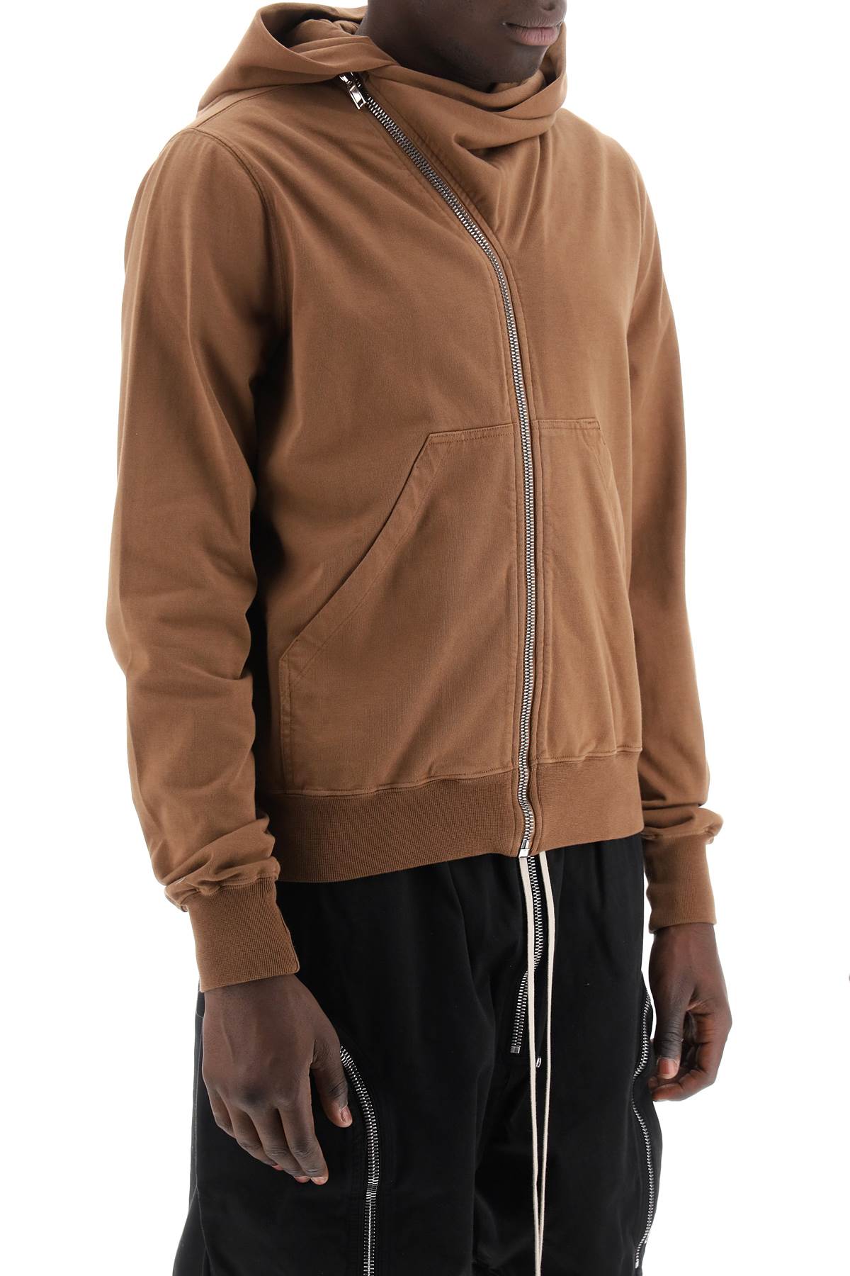 DRKSHDW Men's Asymmetrical Hooded Sweatshirt with Curved Zipper - Brown