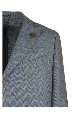 LARDINI Blue Herringbone Pattern Single-Breasted Jacket for Men, SS20 Collection