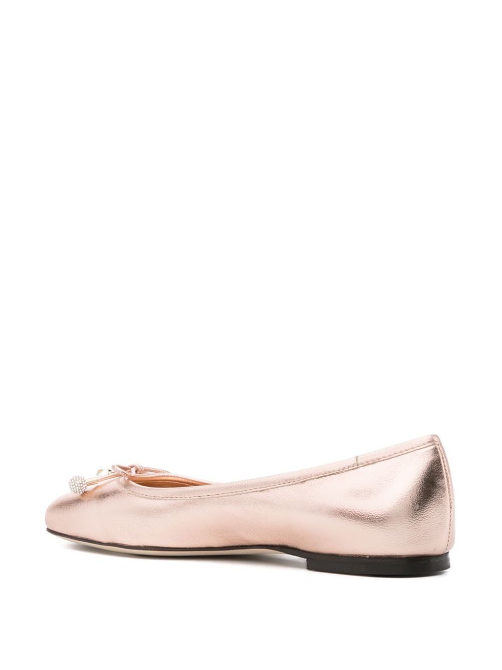 JIMMY CHOO Powder Pink Metallic Leather Ballet Flats with Bow Detailing and Square Toe