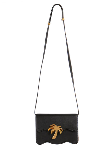 Black Leather Handbag with Metal Closure and Printed Logo by Palm Angels
