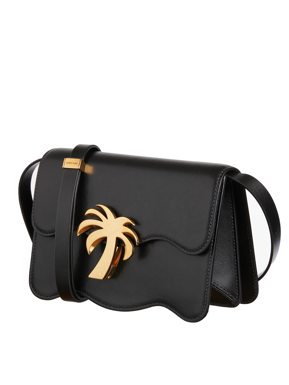 Black Leather Handbag with Metal Closure and Printed Logo by Palm Angels