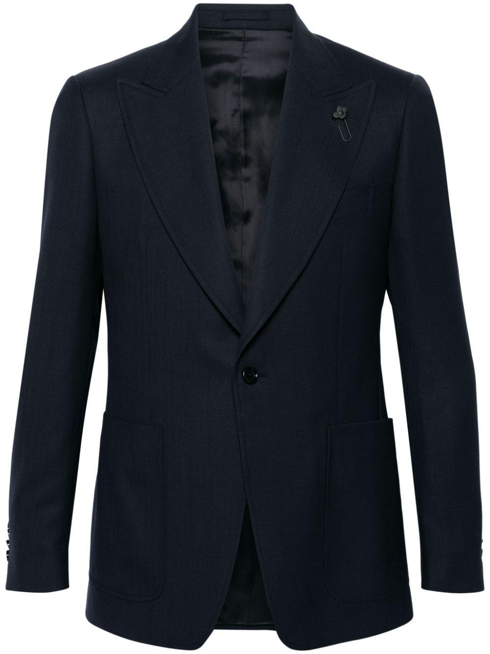 Áo khoác len đen một hàng nút có huy hiệu, dáng chuẩn cho nam - SS24