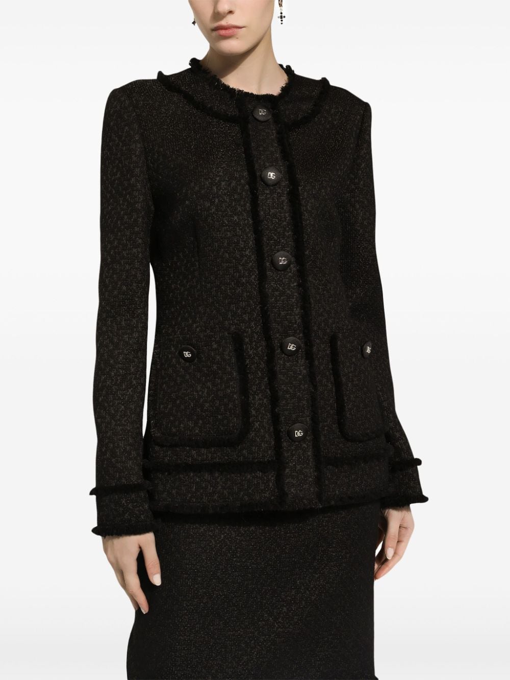 DOLCE & GABBANA Chic Black Tweed Jacket with Frayed Detail