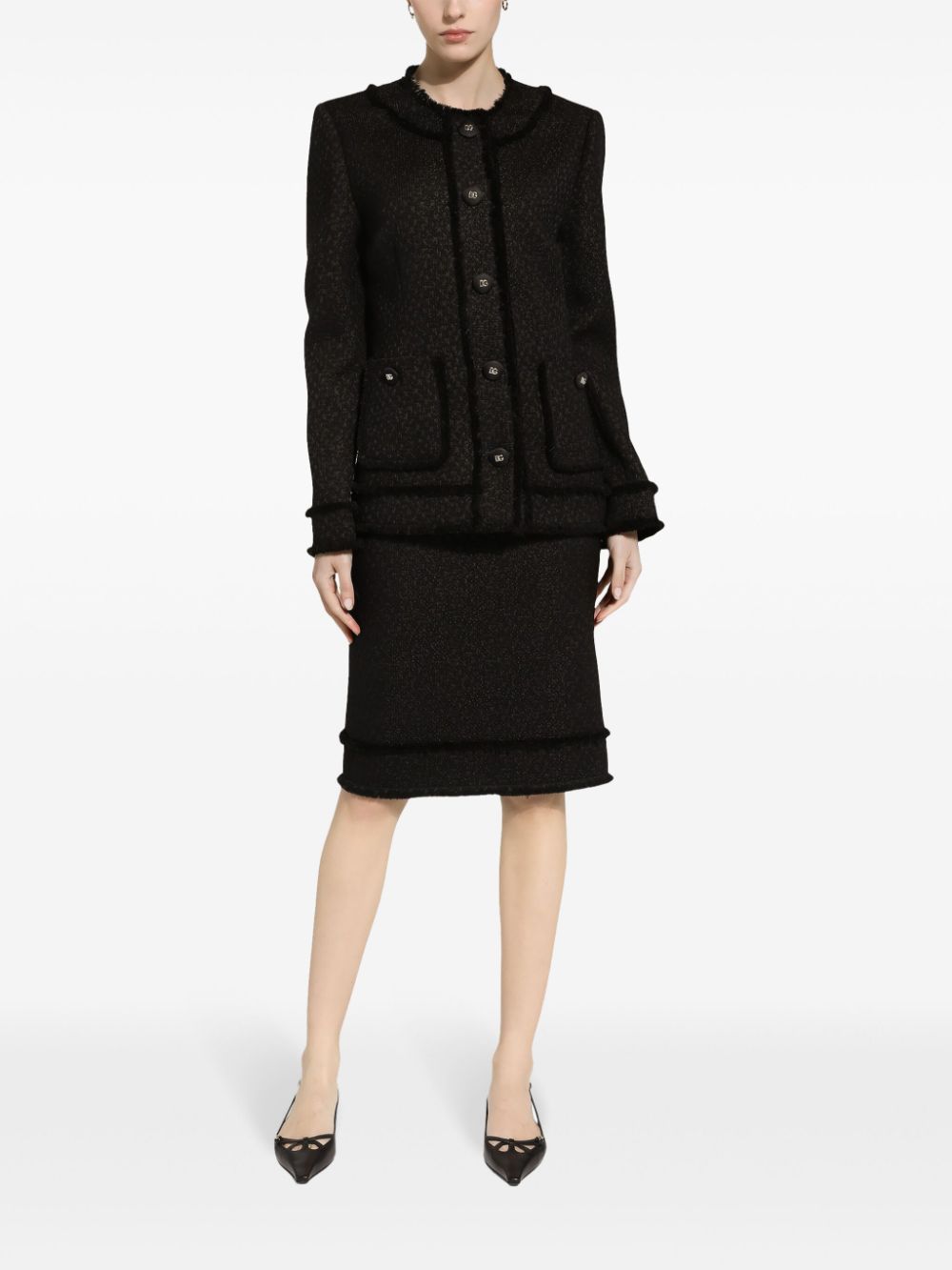 DOLCE & GABBANA Chic Black Tweed Jacket with Frayed Detail