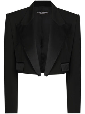 DOLCE & GABBANA Cropped Wool Blend Satin Finish Jacket with Wide Peak Lapels