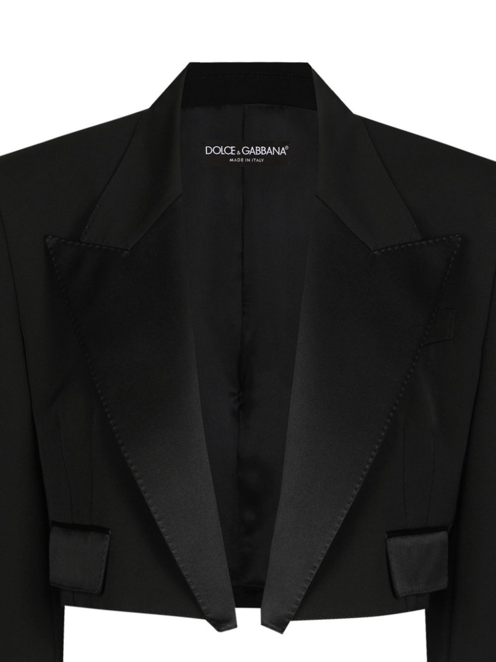 DOLCE & GABBANA Cropped Wool Blend Satin Finish Jacket with Wide Peak Lapels