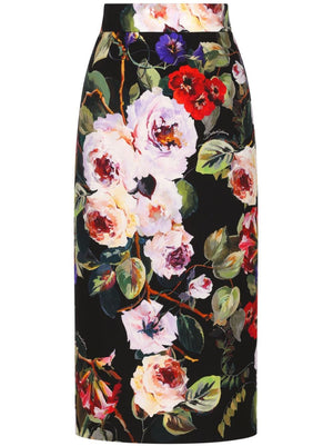 DOLCE & GABBANA Floral Print Silk Charmeuse Midi Pencil Skirt