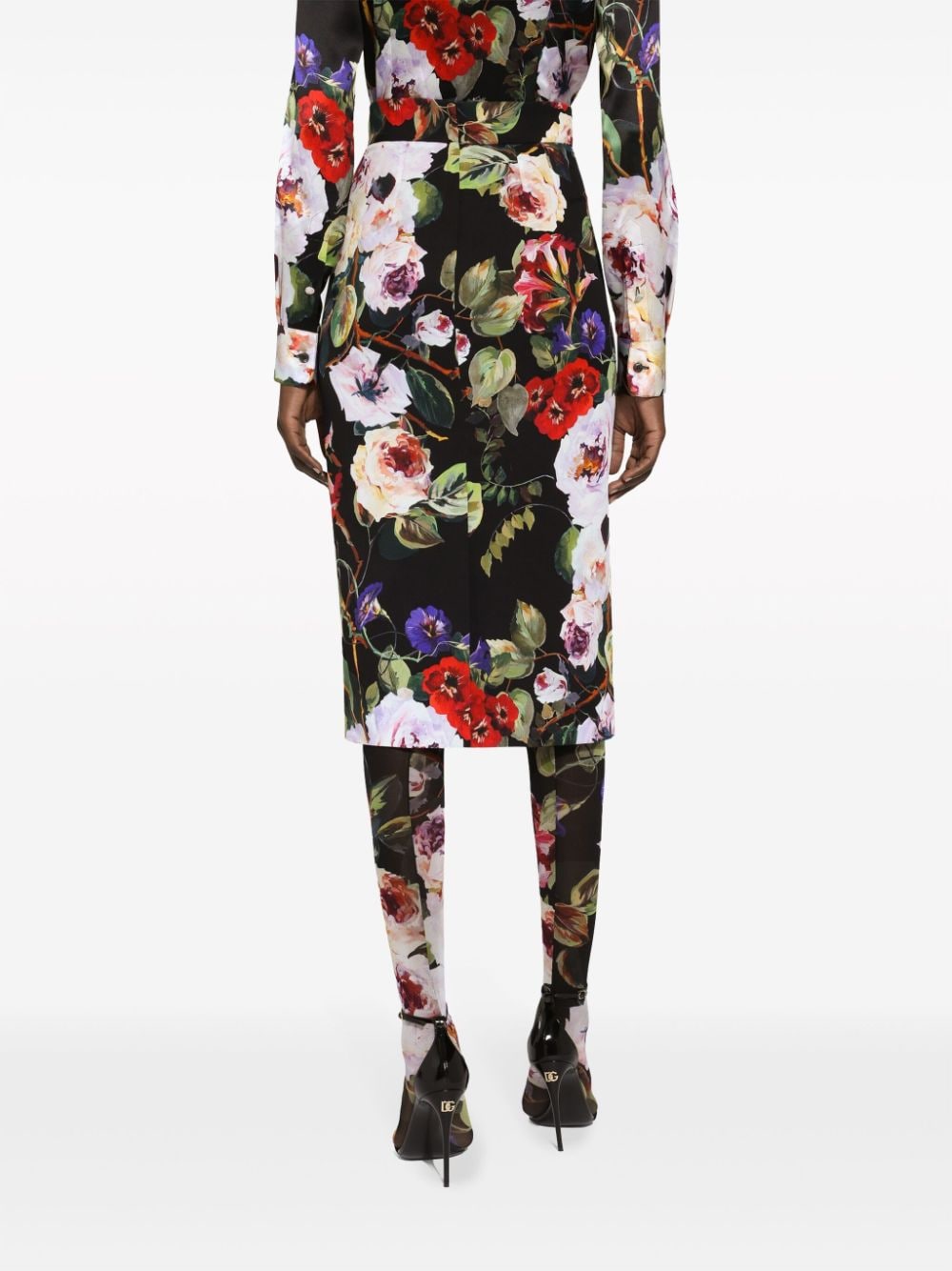 DOLCE & GABBANA Floral Print Silk Charmeuse Midi Pencil Skirt