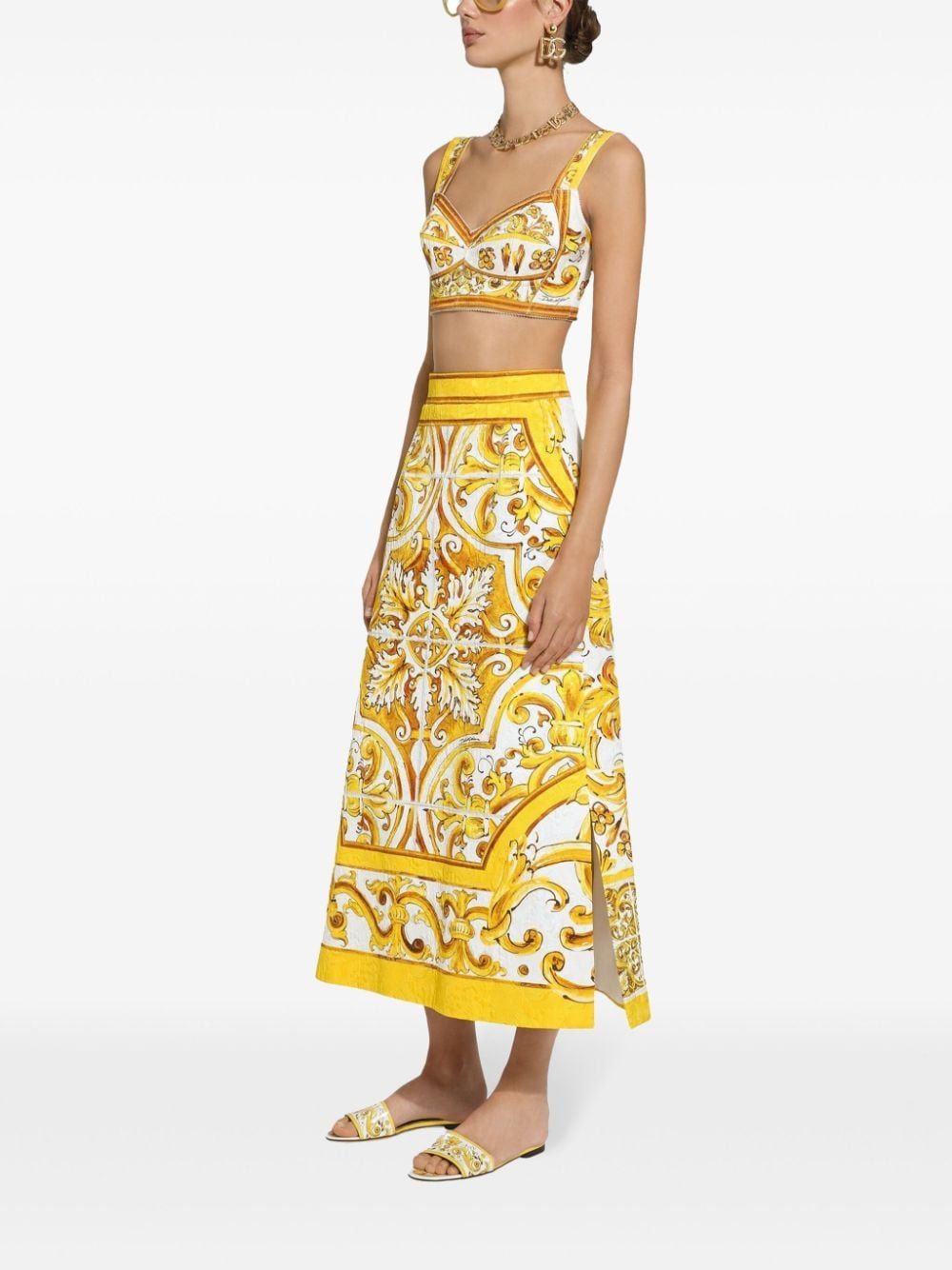 DOLCE & GABBANA Brocade Majolica Print Leather Length Skirt