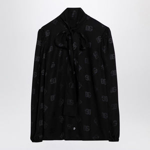 DOLCE & GABBANA Black Jacquard Silk Satin Shirt with Logo - FW24 Collection