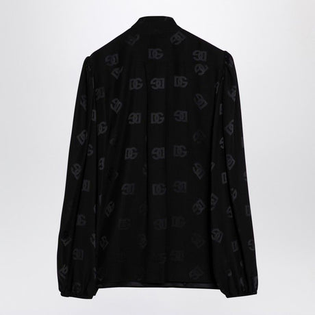 DOLCE & GABBANA Black Jacquard Silk Satin Shirt with Logo - FW24 Collection